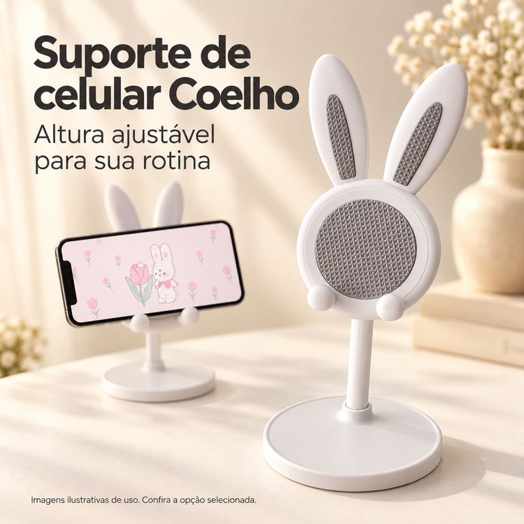 Suporte de Celular Coelho com Altura Ajustável — imagem ilustrativa com detalhes do produto