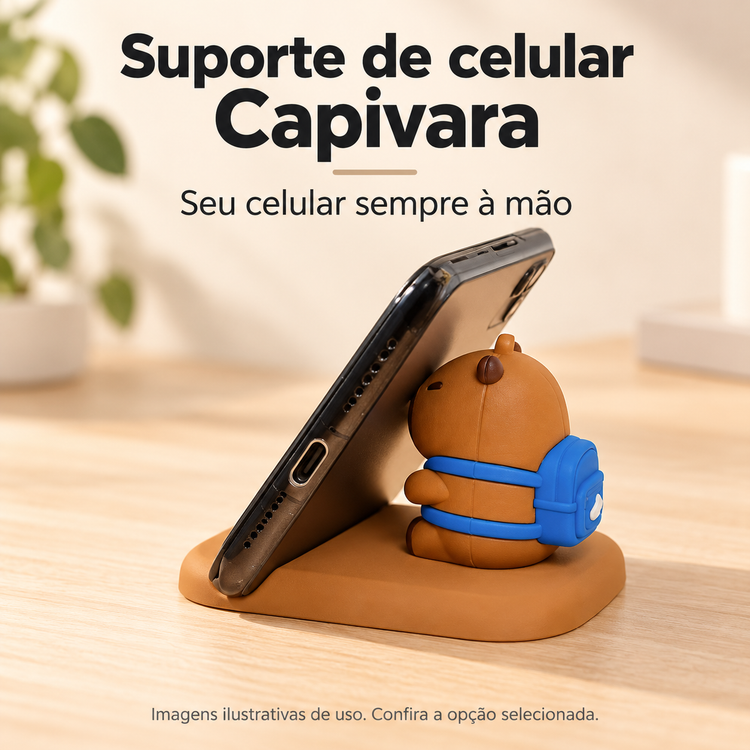 Suporte de Celular Capivara para Mesa — imagem ilustrativa com detalhes do produto
