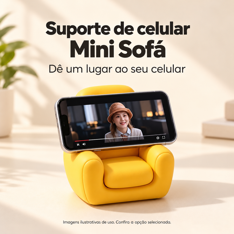 Suporte de Celular Mini Sofá para Mesa — imagem ilustrativa com detalhes do produto