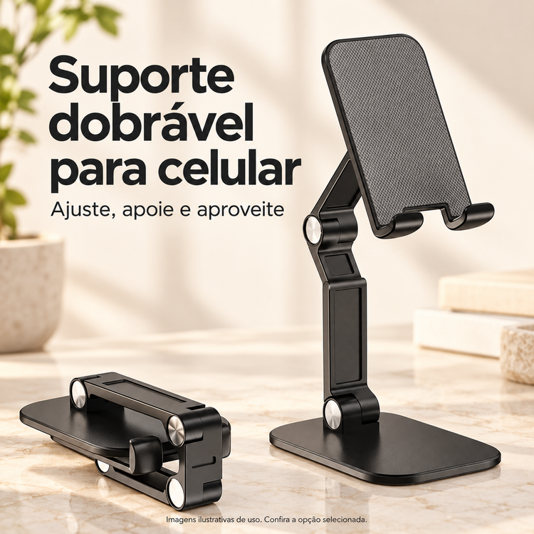 Suporte Dobrável para Celular com Altura Ajustável — imagem ilustrativa com detalhes do produto