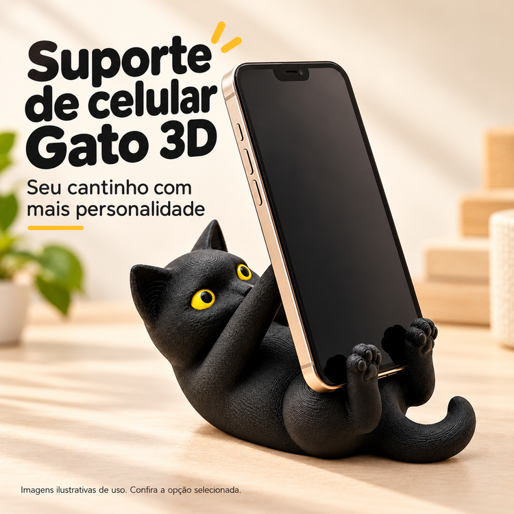 Suporte de Celular Gato Preto 3D — imagem ilustrativa com detalhes do produto