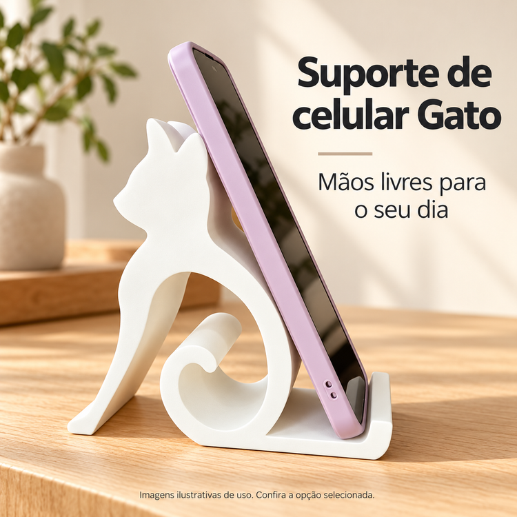 Suporte de Celular Gato com Cauda Curvada — imagem ilustrativa com detalhes do produto