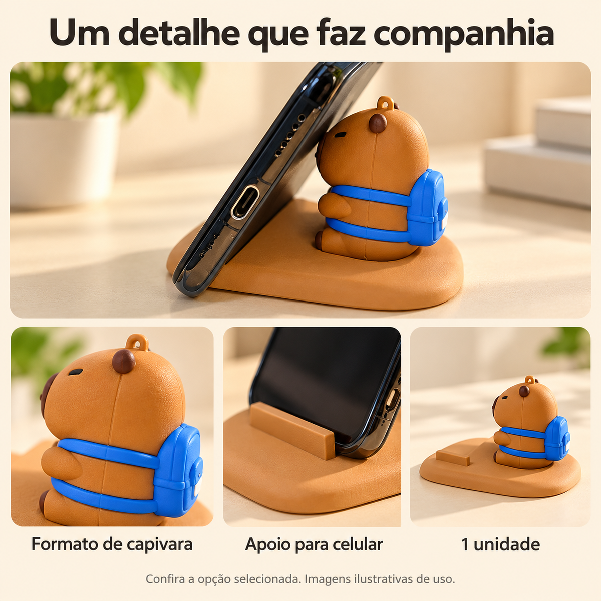 Suporte de Celular Capivara para Mesa — detalhes de uso e acabamento