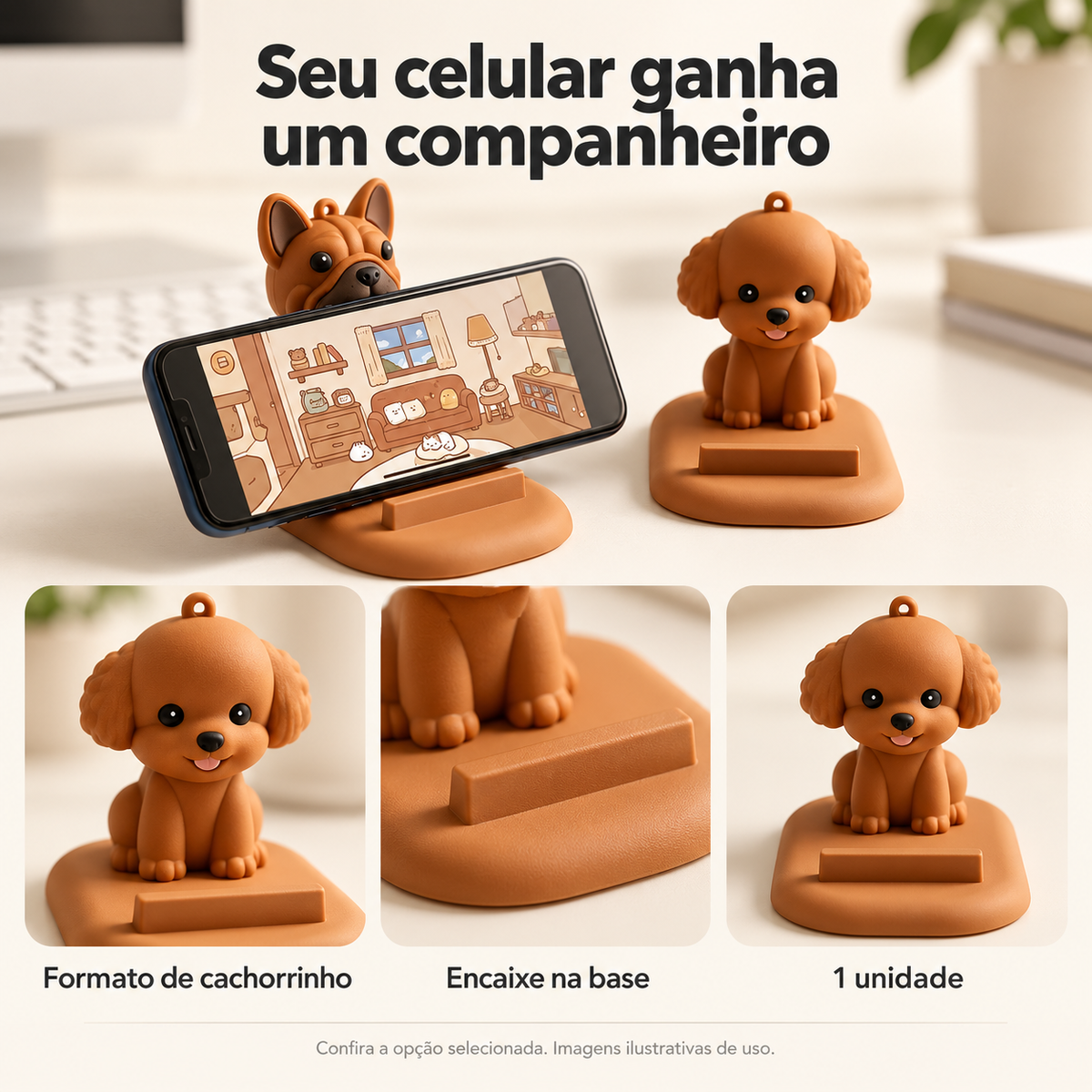 Suporte de Celular Cachorrinho para Mesa — detalhes de uso e acabamento