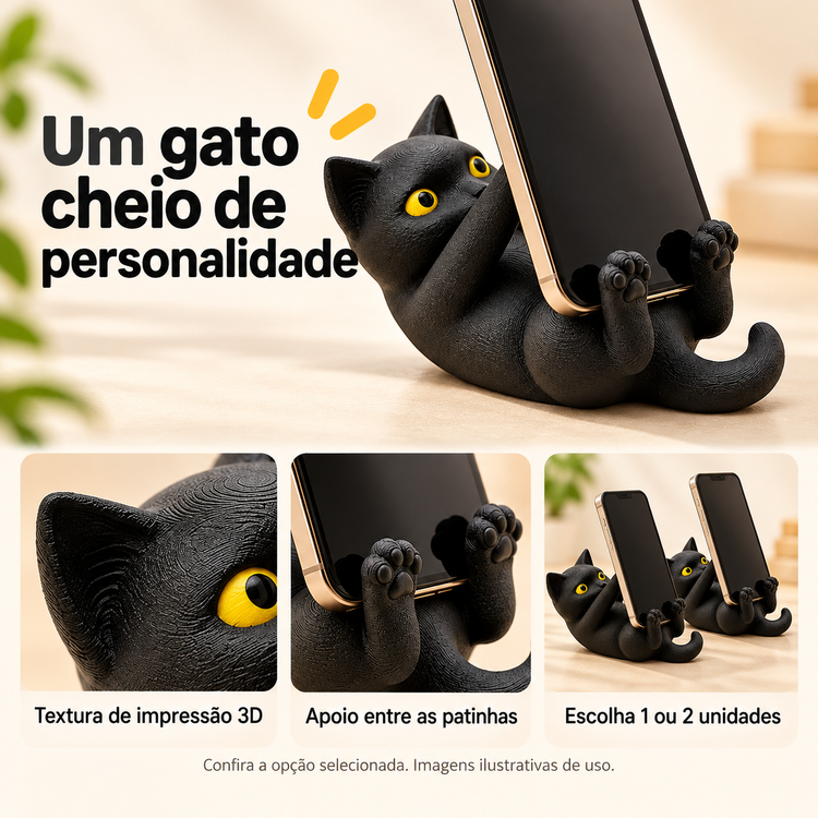 Suporte de Celular Gato Preto 3D — detalhes de uso e acabamento