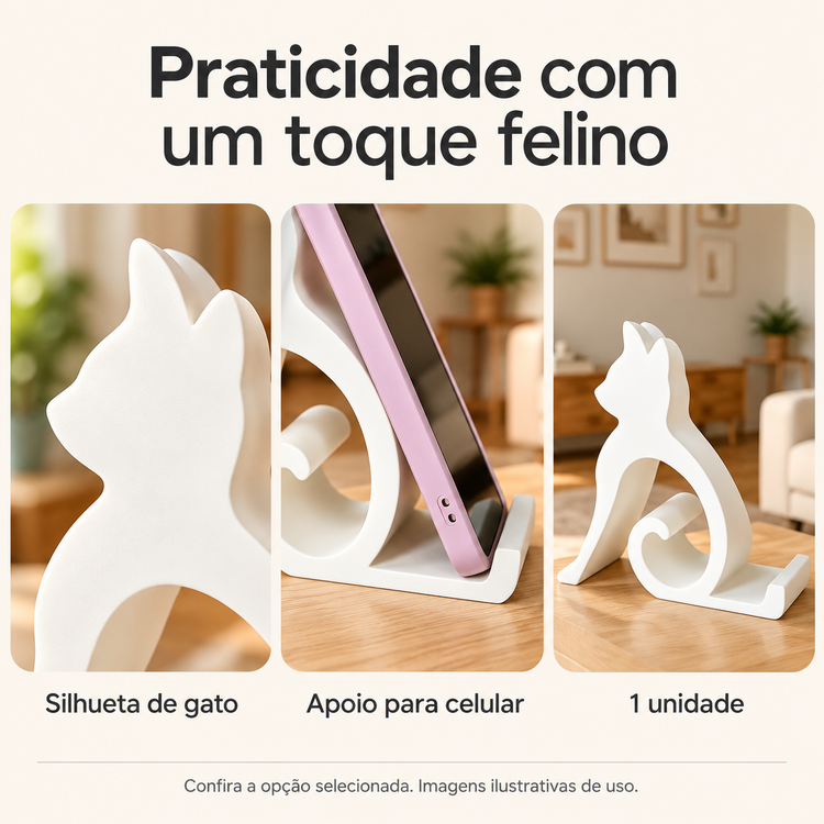 Suporte de Celular Gato com Cauda Curvada — detalhes de uso e acabamento