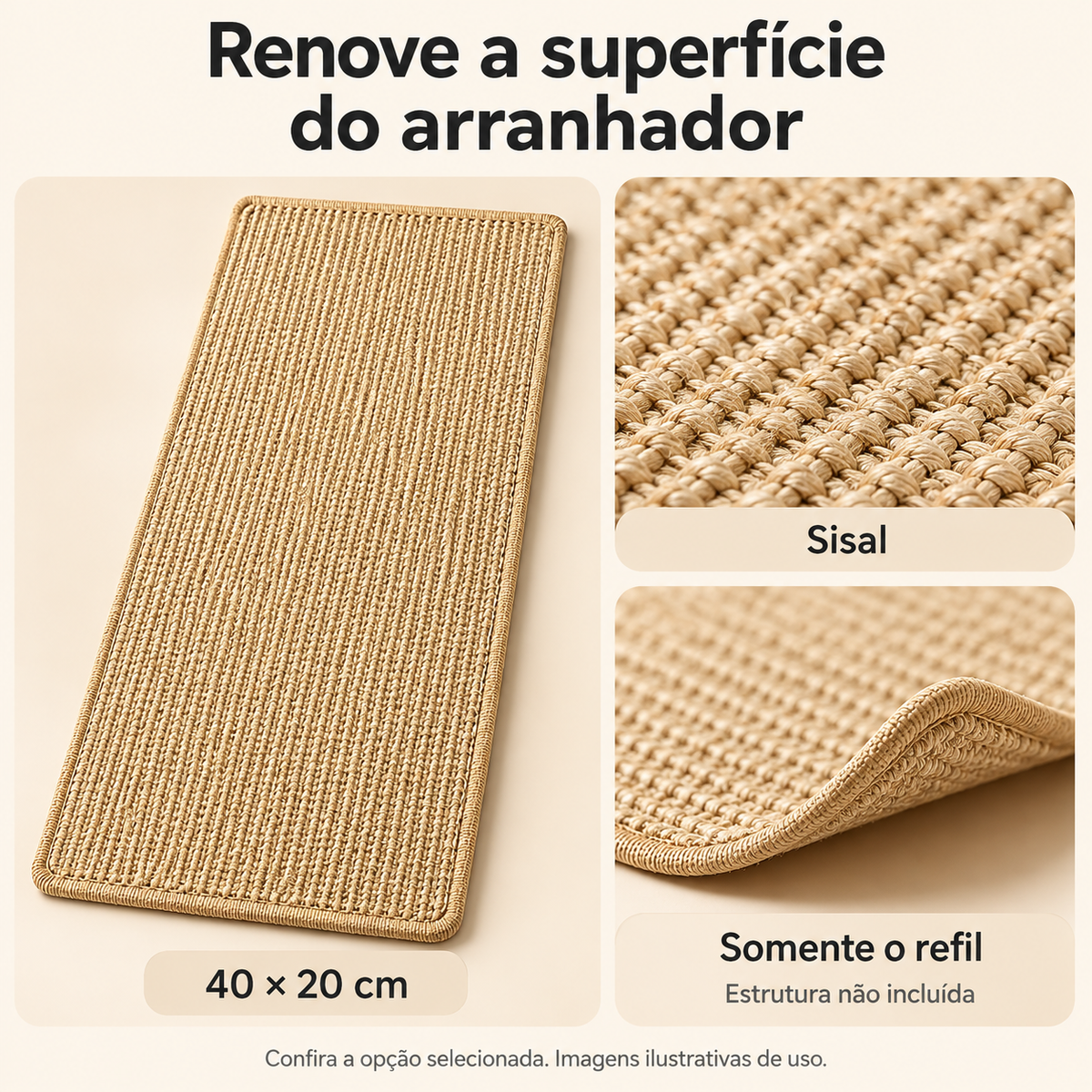 Refil de Sisal para Arranhador de Gatos — 40 × 20 cm — detalhes de uso e acabamento
