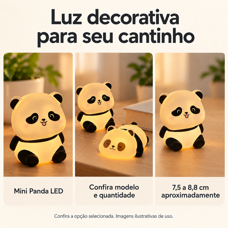 Mini luminária Panda LED — modelos e tamanho aproximado conforme a opção