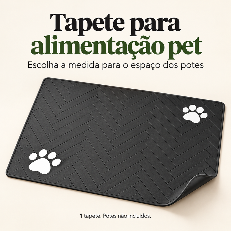 Tapete para alimentação pet, peça avulsa com superfície preta e estampa de patas