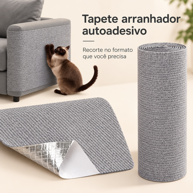 Tapete arranhador autoadesivo cinza: trama, verso adesivo e exemplo de aplicação