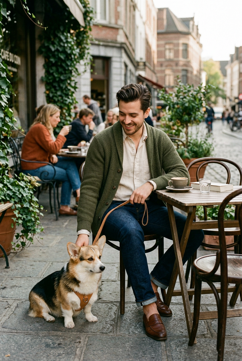 Tutor com corgi em café