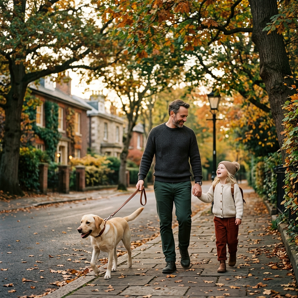 Família passeando com labrador
