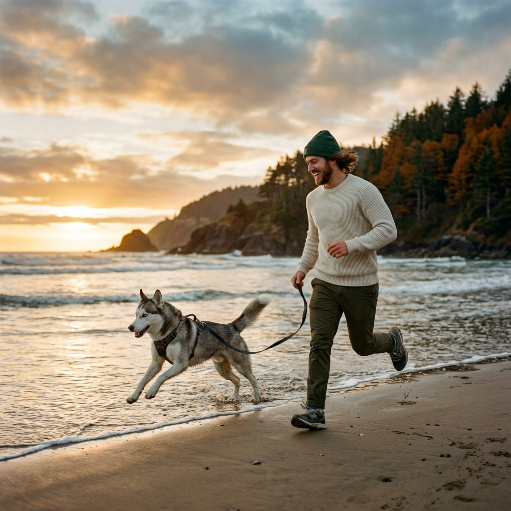 Tutor correndo com husky na praia